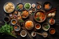 Bowls of Asian cuisine with chopsticks on a black background. Created with Generative AI