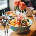 bowls of asian food with chopsticks on a wooden table