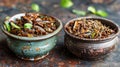 Bowls of Assorted Cooked Insects. Two bowls filled with various cooked insects, garnished with greenery, serve as a
