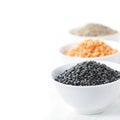 Bowls of assorted dried lentils with red lentils, black beluga l Royalty Free Stock Photo