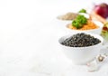 Bowls of assorted dried lentils with vegetables Royalty Free Stock Photo