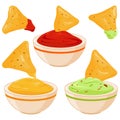 Bowls of avocado guacamole dip, tomato salsa, cheese sauce and nachos chips. Royalty Free Stock Photo