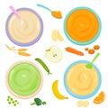 Bowls of baby and toddler food. Cereal, fruit and vegetable puree. Top view. Vector illustration collection Royalty Free Stock Photo