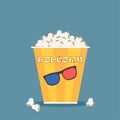 Bowls, box of popcorn with 3d glasses, filmstrip isolated on background. Movies, cinema theater, film concept. Vector flar design