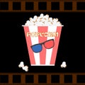 Bowls, box of popcorn with 3d glasses, filmstrip isolated on background. Movies, cinema theater, film concept. Vector flar design