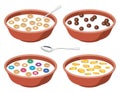 Bowls with breakfast cereal in milk, vector