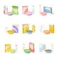 Bowls of Breakfast Cereal with Milk and Yogurt Vector Set