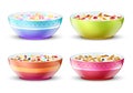 Bowls of breakfast with different milk cereal snacks. Vector set Royalty Free Stock Photo