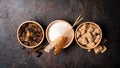 Bowls of brown cane lump and granulated white sugar with cristal sugar stick Royalty Free Stock Photo