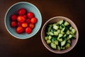 Bowls of cherry tomatoes and cucumber