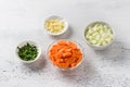 Bowls with chopped carrots, onions, garlic and chopped parsley on a light gray background. Cooking delicious homemade vegetarian Royalty Free Stock Photo