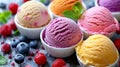 Bowls with colourful ice cream with mint, blueberry and raspberry