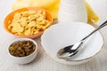 Bowls with corn flakes, raisin, yogurt, napkin, bowl and spoon