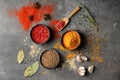 Bowls with different aromatic spices on grey background Royalty Free Stock Photo