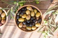 Bowls with different kind of olives : green black kalamata olives with olive oil Royalty Free Stock Photo