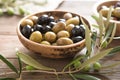 Bowls with different kind of olives : green black kalamata olives with olive oil Royalty Free Stock Photo