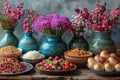 Bowls with different kinds of food and vases of flowers on a wooden table Royalty Free Stock Photo