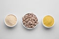 Bowls with different types of brewer`s yeast on light grey background, top view Royalty Free Stock Photo