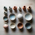 The bowls display a range of glazes, from speckled blue to patterned white Royalty Free Stock Photo