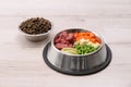 Bowls with dry and natural dog food Royalty Free Stock Photo