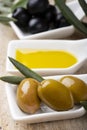 In the bowls extra virgin olive oil and organic olives