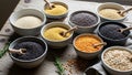 Bowls filled with various grains and seeds is displayed on a Royalty Free Stock Photo