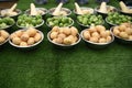 Bowls filled with vegetables of fresh potatoes parsnips and green sprouts with grass background