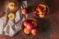 Bowls with fresh peaches on table Royalty Free Stock Photo