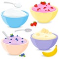 Bowls with fruit yogurt or cream. Vector illustration Royalty Free Stock Photo