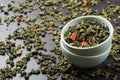 Bowls with green oolong tea and strawberries Royalty Free Stock Photo