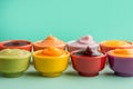 Bowls with healthy baby food on a blue background, healthy food concept, Generative AI