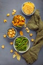 Bowls of healthy colorful vegetable and parmesan cheese chips