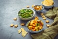 Bowls of healthy colorful vegetable and parmesan cheese chips