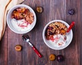 Bowls with healty oatmeal crumble with plums and yogurt,