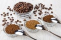 Bowls with instant and ground coffee, coffee beans, spoons Royalty Free Stock Photo