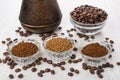 Bowls with instant and ground coffee, coffee beans, turka Royalty Free Stock Photo