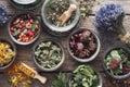 Bowls and jars of dry medicinal herbs. Healing herbs assortment, top view. Royalty Free Stock Photo