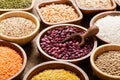 Bowls of legumes, lentils, chickpeas, beans, rice and cereals