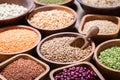 Bowls of legumes, lentils, chickpeas, beans, rice and cereals