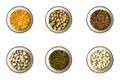 Bowls with legumes: white beans, green lentils, yellow lentils, mung beans, soldier beans, yellow beans