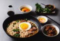 Bowls of ramen soup with egg and meat (Japan