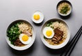 Bowls of ramen soup with egg and meat (Japan