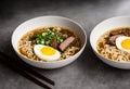 Bowls of ramen soup with egg and meat (Japan