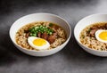 Bowls of ramen soup with egg and meat (Japan