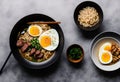 Bowls of ramen soup with egg and meat (Japan