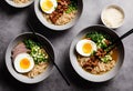 Bowls of ramen soup with egg and meat (Japan