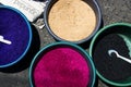 Bowls with sawdust for alfombra, street carpets made for Semana Santa, Easter, Santiago Atitlan, Guatemala