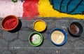 Bowls with sawdust and alfombra, street carpets made for Semana Santa, Easter, Santiago Atitlan, Guatemala