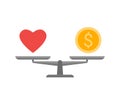 Bowls of scales in balance love and money. Heart and coin sign in comparison, choise, priority. Weights with love and Royalty Free Stock Photo