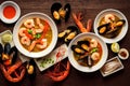 Bowls of seafood soup with mussels and delicate pink shrimp